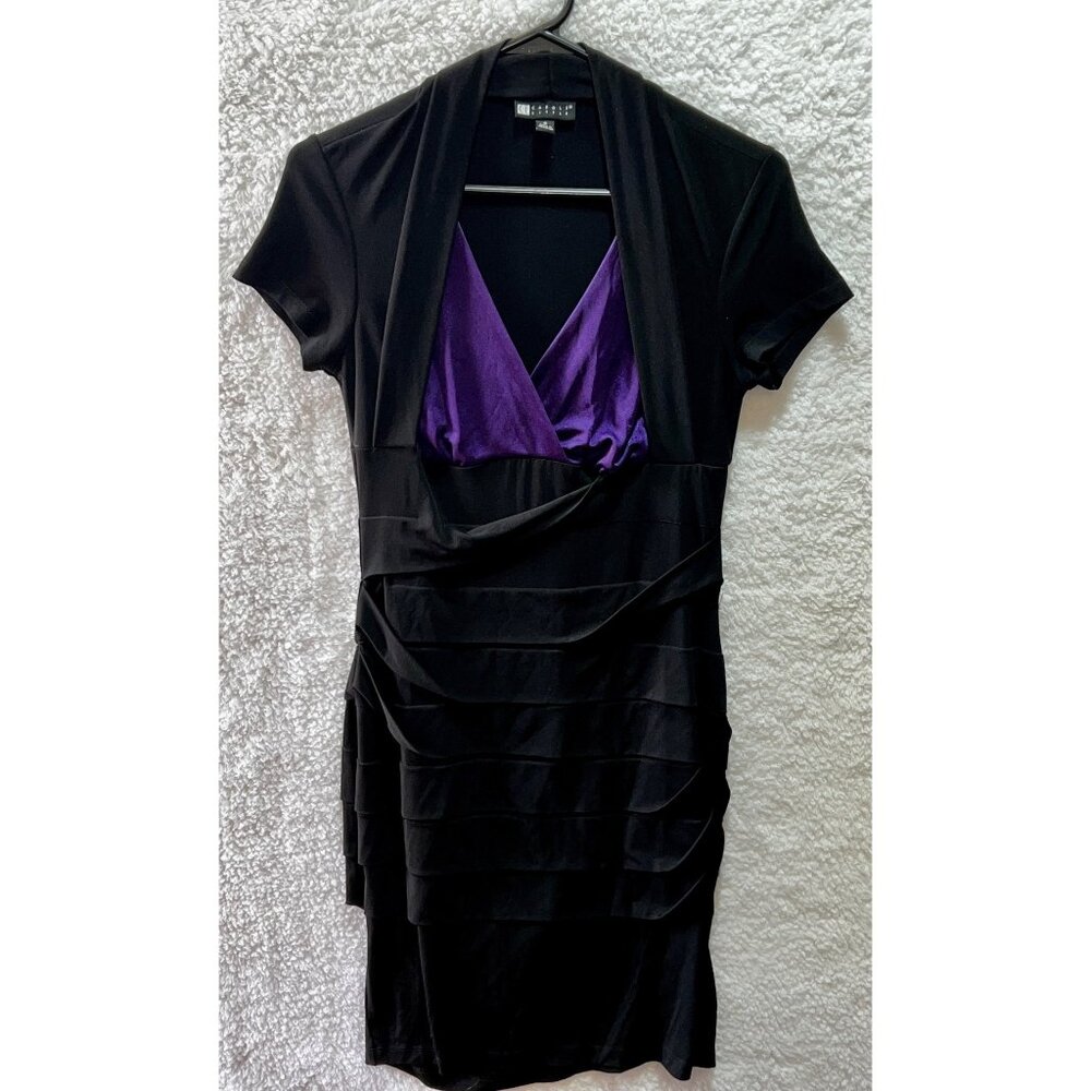 Carole Little Women’s Black & Purple Short Sleeve Ruched V-Neck Dress Size 6 - Picture 1 of 5